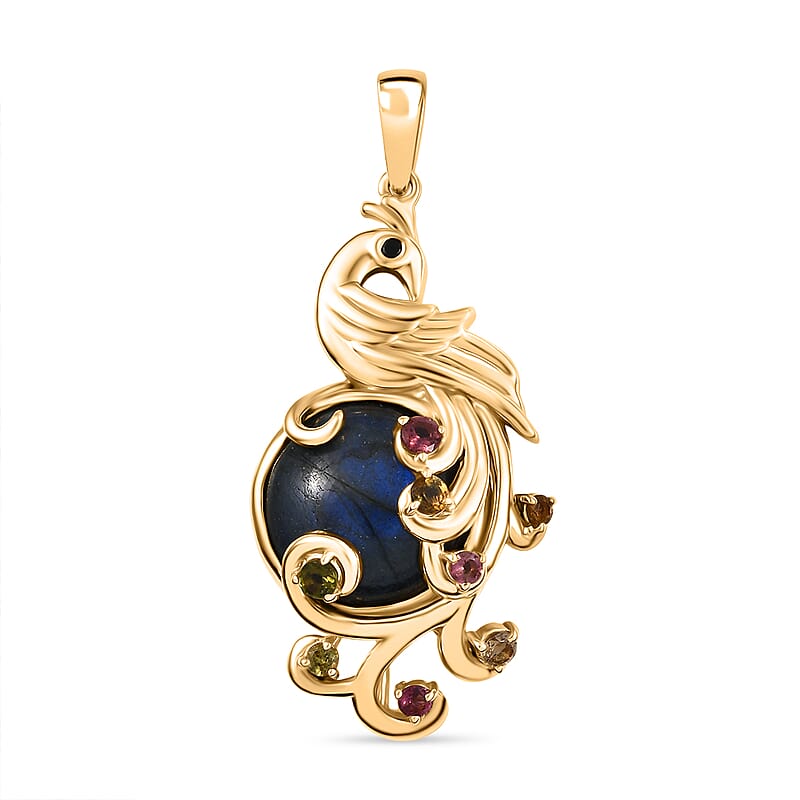 EverTrue Malagasy Labradorite and Multi Gemstone 10.90 ctw Pendant without Chain in 18K YG Plated