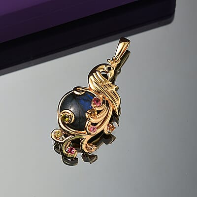 EverTrue Malagasy Labradorite and Multi Gemstone 10.90 ctw Pendant without Chain in 18K YG Plated