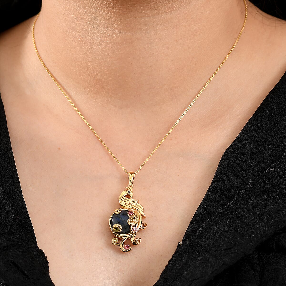 EverTrue Malagasy Labradorite and Multi Gemstone 10.90 ctw Pendant without Chain in 18K YG Plated image number 2
