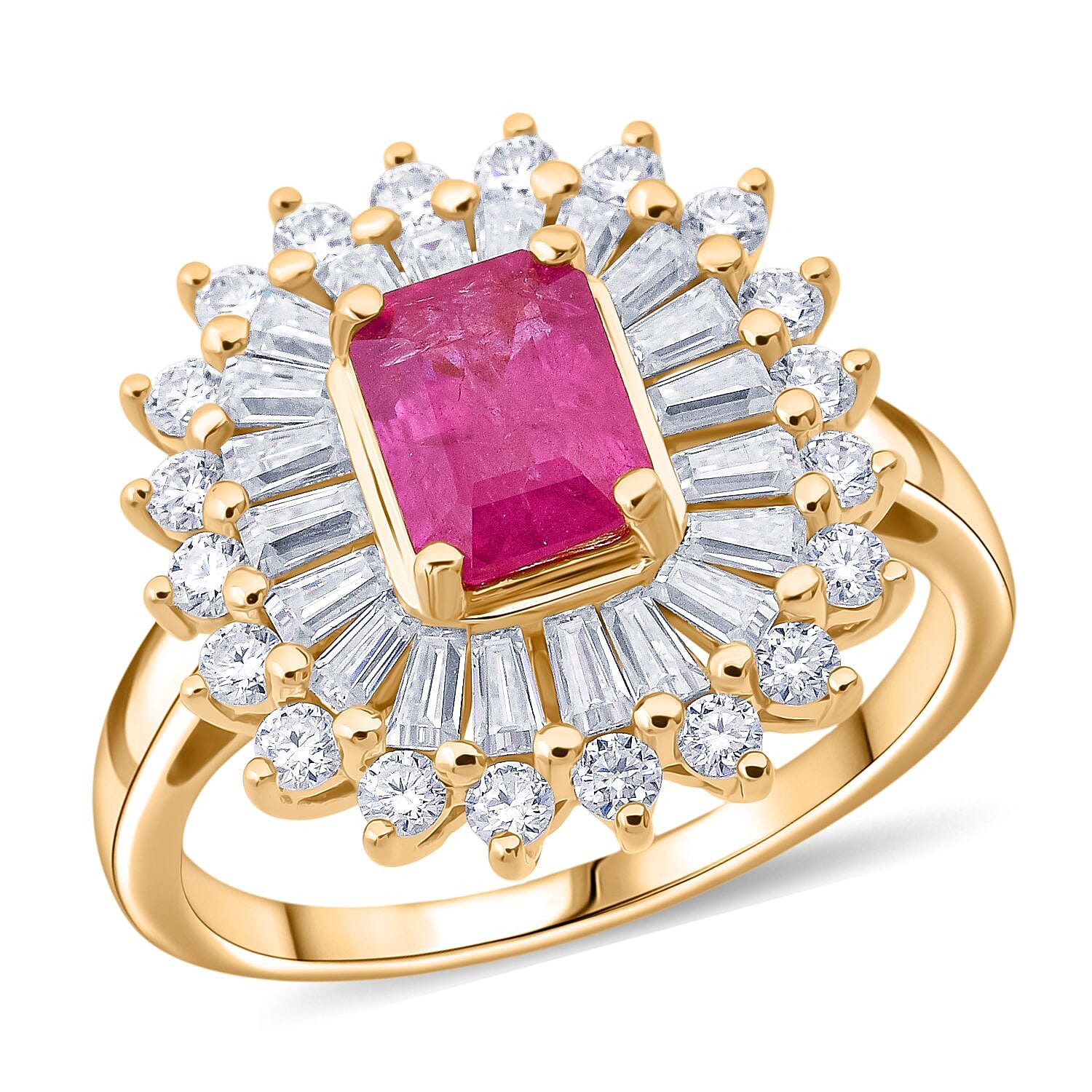 D'Joy Montepuez Ruby and Moissanite 2.65 ctw Ring in 18K Vermeil Yellow Gold Over Sterling Silver