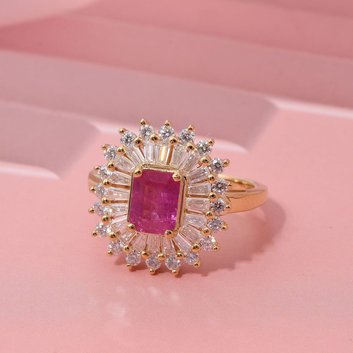 D'Joy Mozambique Ruby and Moissanite 2.10 ctw Ring in 18K Vermeil Yellow Gold Over Sterling Silver (Size 7.0) image number 1