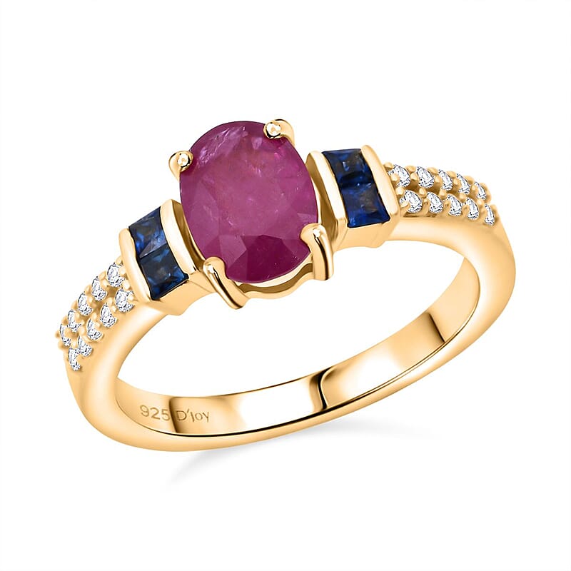 D'Joy Montepuez Ruby and Multi Gemstone 1.40 ctw Ring in 18K Vermeil Yellow Gold Over Sterling Silver (Size 10.0)