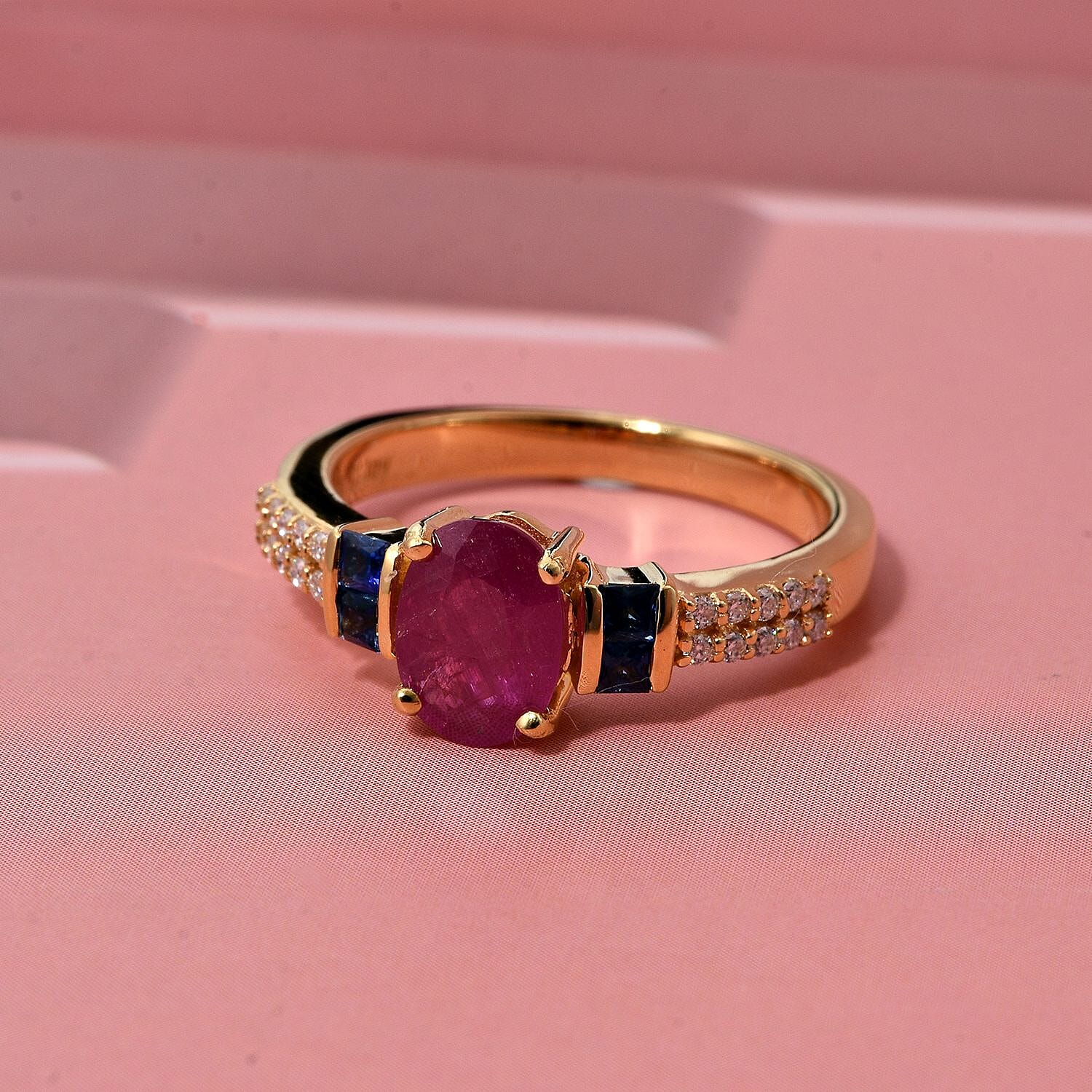 D'Joy Montepuez Ruby and Multi Gemstone 1.40 ctw Ring in 18K Vermeil Yellow Gold Over Sterling Silver (Size 10.0)