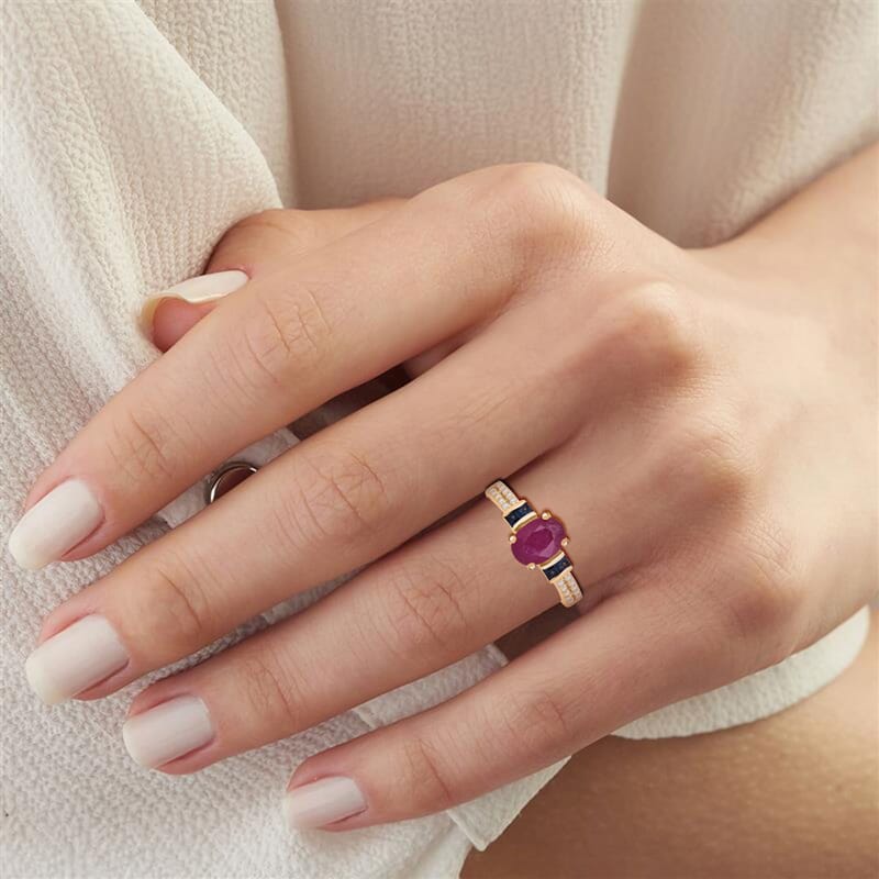 D'Joy Montepuez Ruby and Multi Gemstone 1.40 ctw Ring in 18K Vermeil Yellow Gold Over Sterling Silver (Size 6.0)