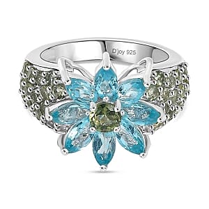 Betroka Blue Apatite and Natural Green Apatite 3.83 ctw Ring in Rhodium Over Sterling Silver (Size 10)