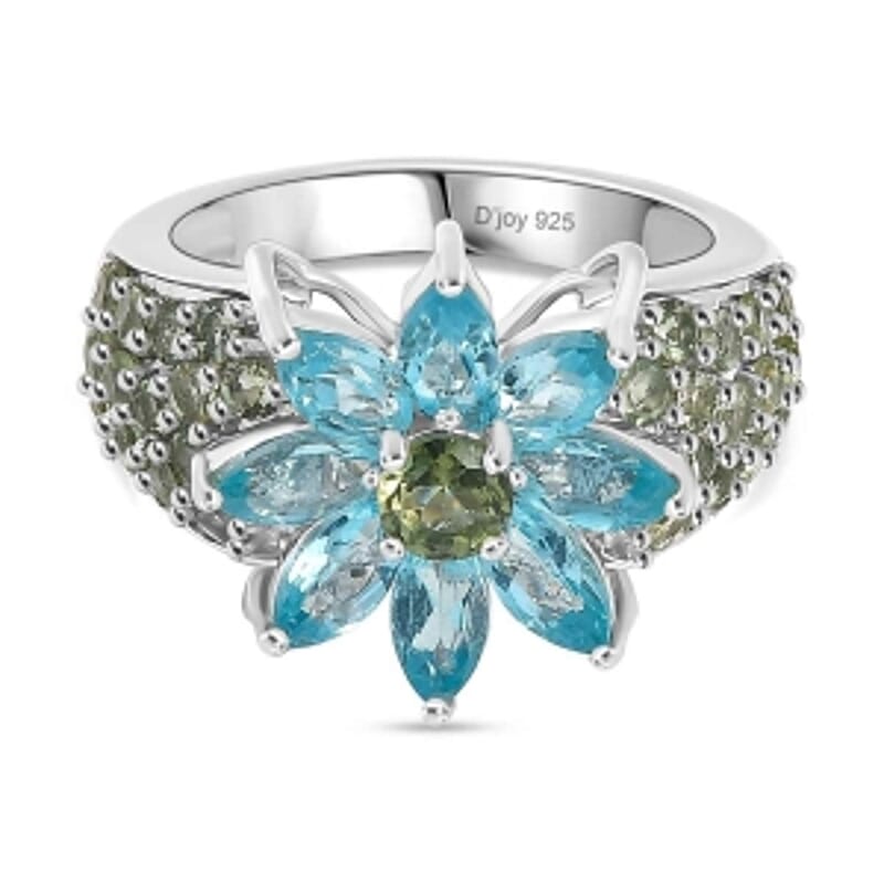Betroka Blue Apatite and Natural Green Apatite 3.83 ctw Ring in Rhodium Over Sterling Silver (Size 10)