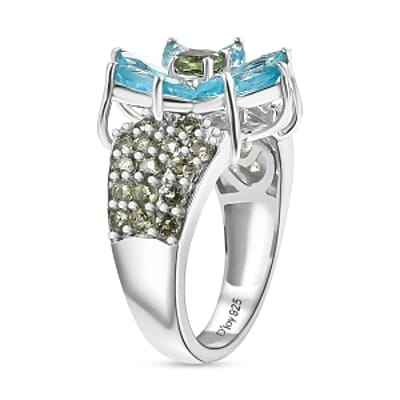 Betroka Blue Apatite and Natural Green Apatite 3.83 ctw Ring in Rhodium Over Sterling Silver (Size 10)