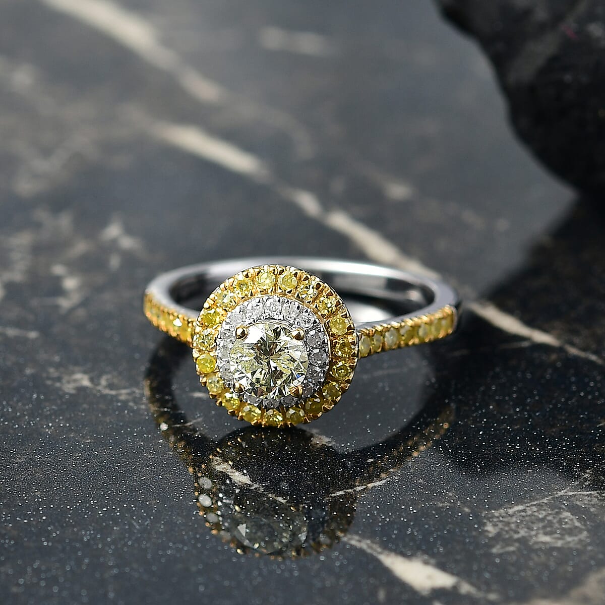 D'Joy Natural Yellow and White Diamond I2-I3 1.20 ctw Golden Twilight Ring in Rhodium Over Sterling Silver (Size 10.0) image number 1