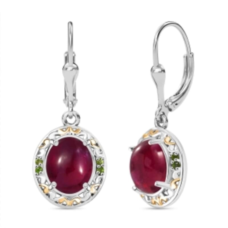 African Ruby and Chrome Diopside Lever Back 6.04 ctw Earrings in Rhodium Over Sterling Silver