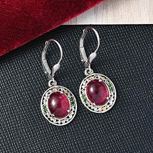 African Ruby and Chrome Diopside Lever Back 6.04 ctw Earrings in Rhodium Over Sterling Silver