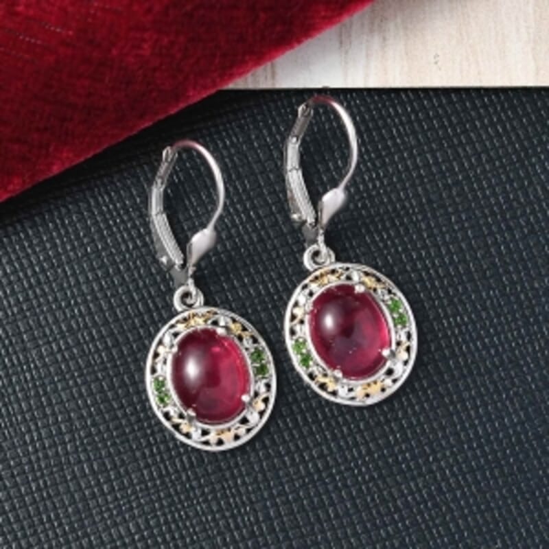 African Ruby and Chrome Diopside Lever Back 6.04 ctw Earrings in Rhodium Over Sterling Silver