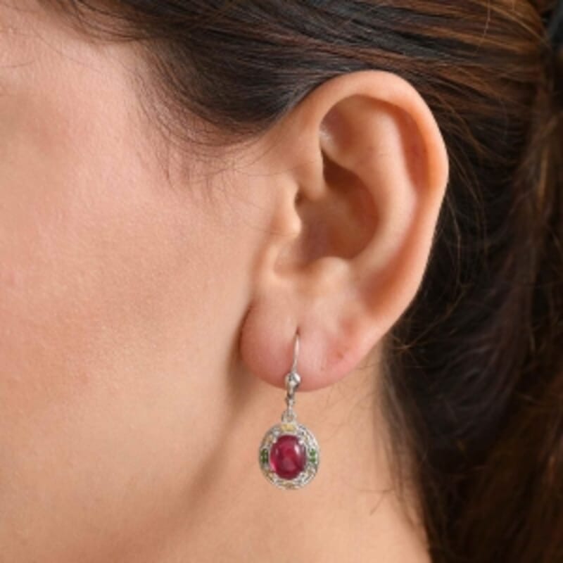 African Ruby and Chrome Diopside Lever Back 6.04 ctw Earrings in Rhodium Over Sterling Silver