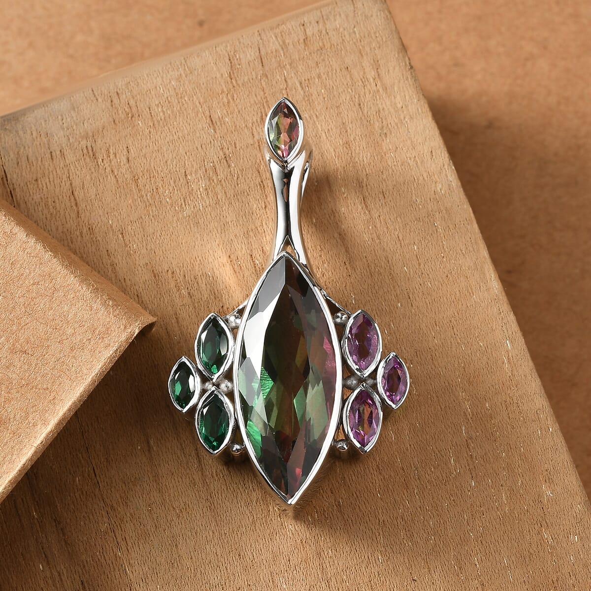 Sajen Silver Celestial Bi-Color Watermelon Doublet Quartz and Multi Gemstone 14.50 ctw Pendant without Chain in Rhodium Over Sterling Silver image number 1