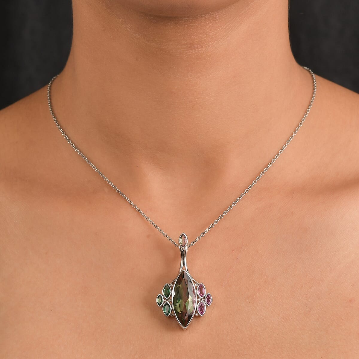 Sajen Silver Celestial Bi-Color Watermelon Doublet Quartz and Multi Gemstone 14.50 ctw Pendant without Chain in Rhodium Over Sterling Silver image number 2