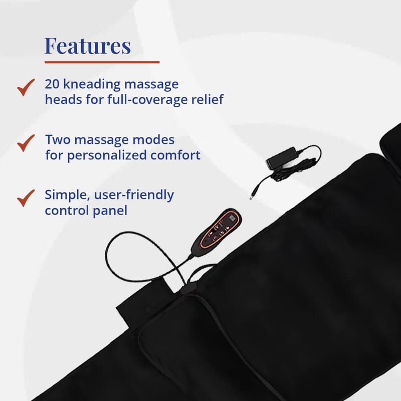 Livmore 3Pcs Set - Black Faux Leather Massage Mat with 20 Kneading Massage Heads and 2 Working Modes