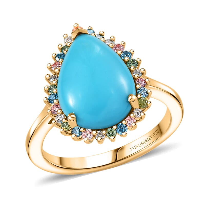 Premium Sleeping Beauty Turquoise and SI Luxuriant Lab Grown Multi Diamond 5.25 ctw Royal Bloom Fire Ring in 18K Vermeil Yellow Gold Over Sterling Silver (Size 10.0)