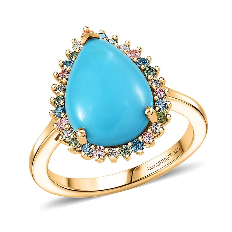 Premium Sleeping Beauty Turquoise and SI Luxuriant Lab Grown Multi Diamond 5.25 ctw Royal Bloom Fire Ring in 18K Vermeil Yellow Gold Over Sterling Silver (Size 10.0)