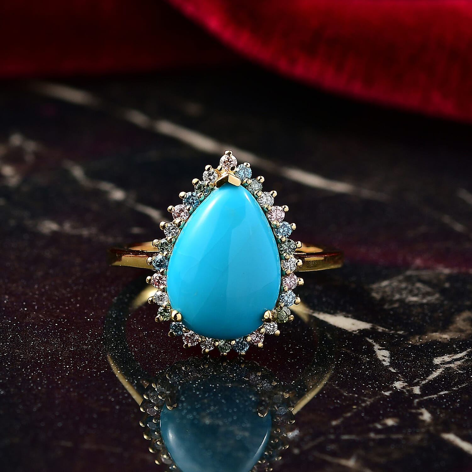 Premium Sleeping Beauty Turquoise and SI Luxuriant Lab Grown Multi Diamond 5.25 ctw Royal Bloom Fire Ring in 18K Vermeil Yellow Gold Over Sterling Silver (Size 10.0)