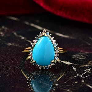 Premium Sleeping Beauty Turquoise and SI Luxuriant Lab Grown Multi Diamond 5.25 ctw Royal Bloom Fire Ring in 18K Vermeil Yellow Gold Over Sterling Silver (Size 10.0)