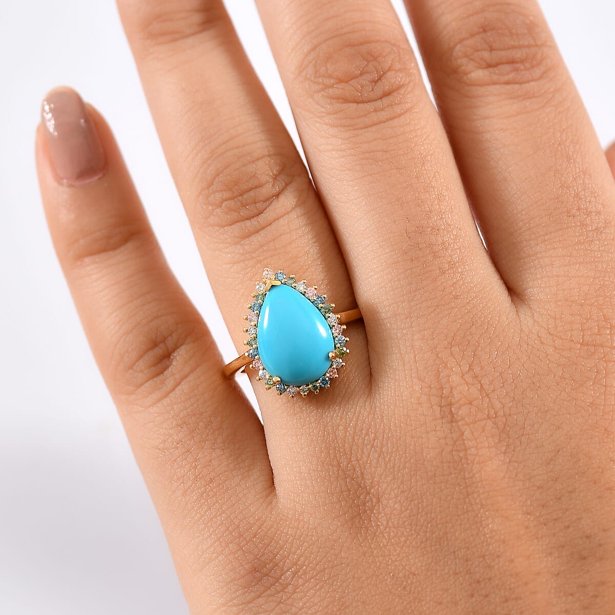 Premium Sleeping Beauty Turquoise and SI Luxuriant Lab Grown Multi Diamond 5.25 ctw Royal Bloom Fire Ring in 18K Vermeil Yellow Gold Over Sterling Silver (Size 10.0) image number 2