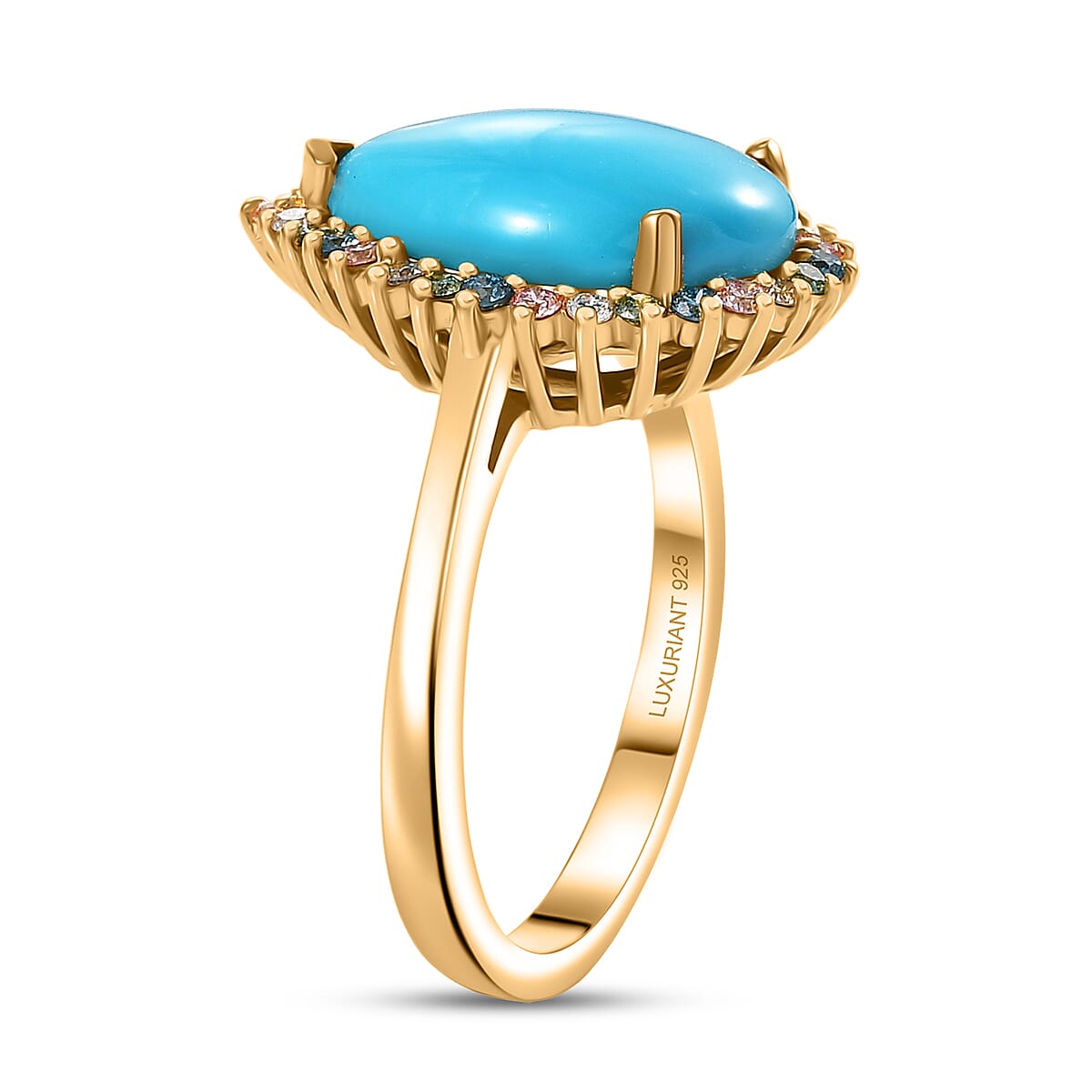 Premium Sleeping Beauty Turquoise and SI Luxuriant Lab Grown Multi Diamond 5.25 ctw Royal Bloom Fire Ring in 18K Vermeil Yellow Gold Over Sterling Silver (Size 10.0) image number 3