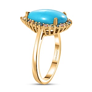Premium Sleeping Beauty Turquoise and SI Luxuriant Lab Grown Multi Diamond 5.25 ctw Royal Bloom Fire Ring in 18K Vermeil Yellow Gold Over Sterling Silver (Size 10.0)
