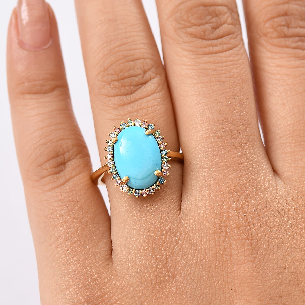 Premium Sleeping Beauty Turquoise and SI Luxuriant Lab Grown Multi Diamond 5.25 ctw Ring in 18K Vermeil Yellow Gold Over Sterling Silver (Size 10.0) image number 2