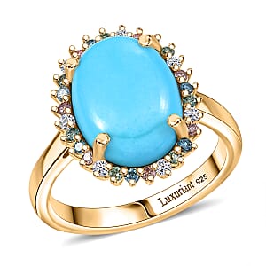 Premium Sleeping Beauty Turquoise and SI Luxuriant Multi Color Lab Grown Diamond 5.50 ctw Royal Bloom Fire Ring in 18K Vermeil Yellow Gold Over Sterling Silver (Size 7.0)