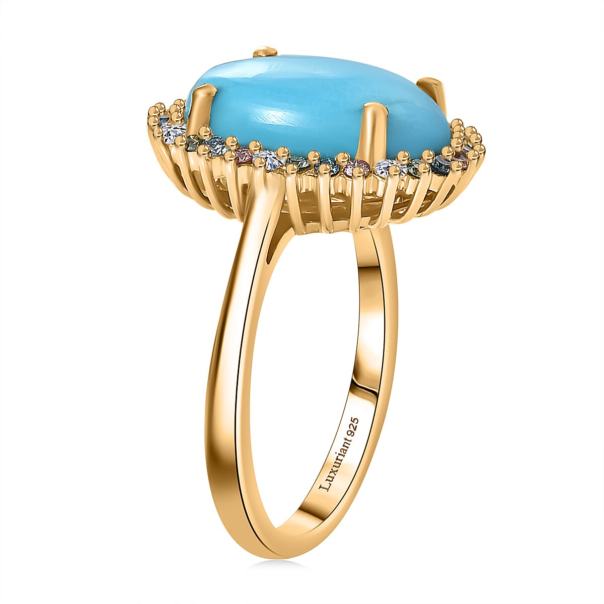Premium Sleeping Beauty Turquoise and SI Luxuriant Multi Color Lab Grown Diamond 5.50 ctw Royal Bloom Fire Ring in 18K Vermeil Yellow Gold Over Sterling Silver (Size 7.0) image number 3