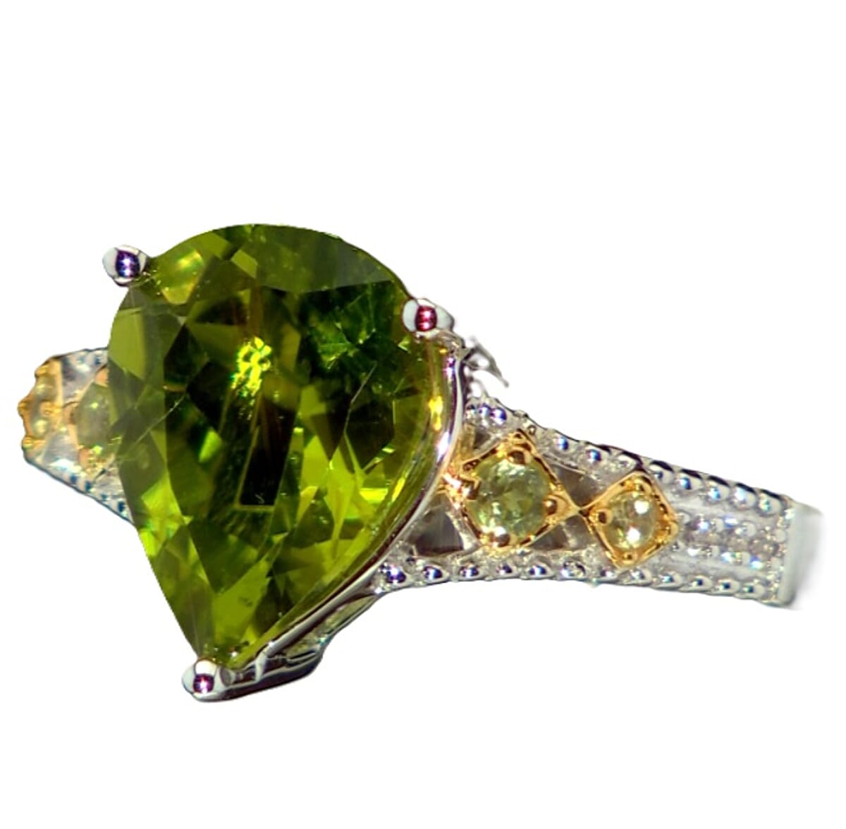 Peridot, White Zircon Ring in 18K Vermeil YG and Rhodium Over Sterling Silver (Size 10.0) 3.93 ctw image number 3