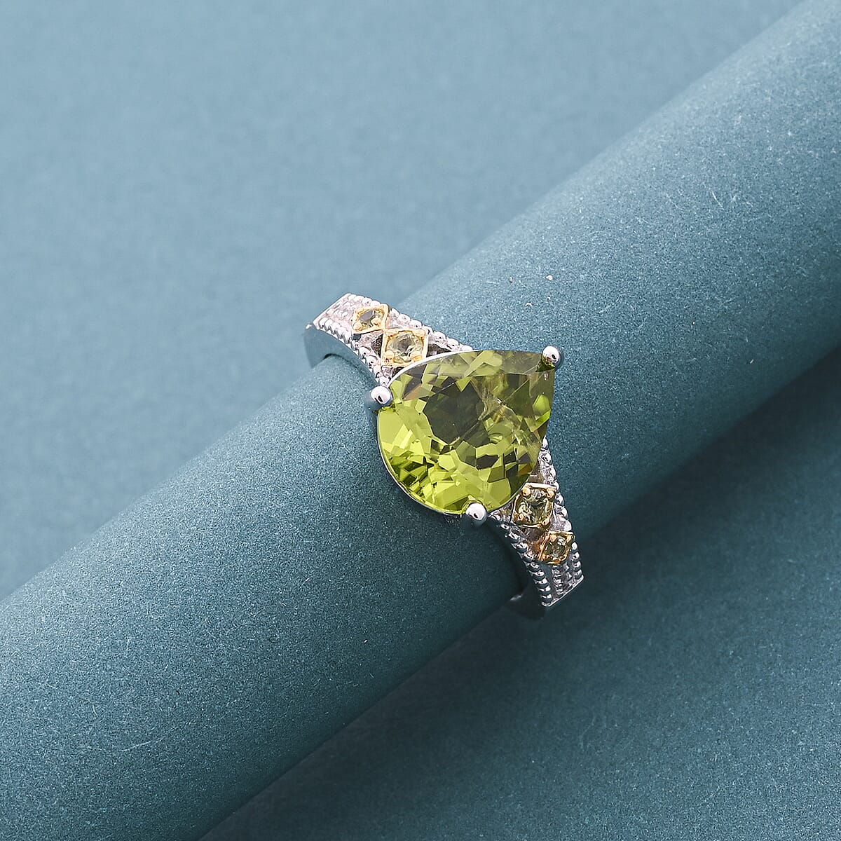 Peridot, White Zircon Ring in 18K Vermeil YG and Rhodium Over Sterling Silver (Size 7.0) 3.93 ctw image number 1