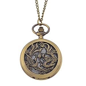 Strada Japanese Movement Dragon and Phoenix Pattern Pocket Watch with Chain (36 Inches) in Rosetone