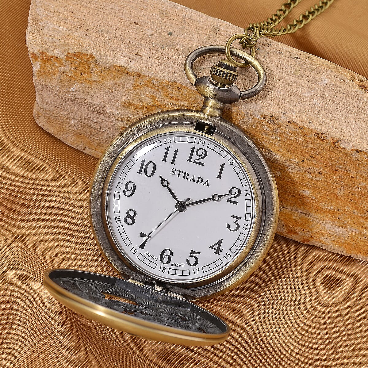 Strada Japanese Movement Dragon and Phoenix Pattern Pocket Watch with Chain (36 Inches) in Rosetone image number 1