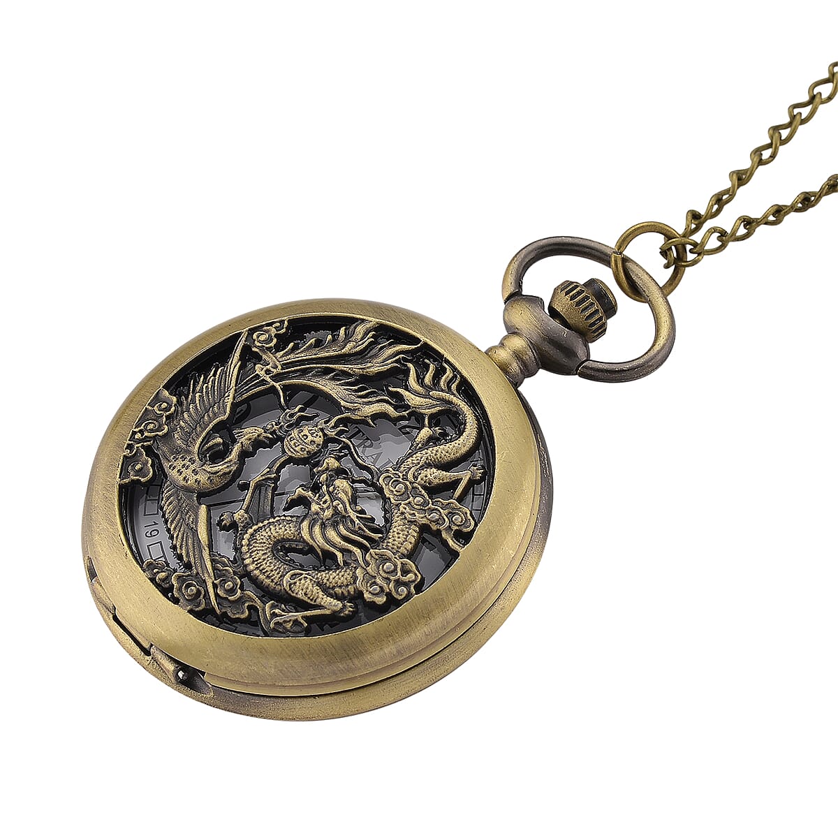 Strada Japanese Movement Dragon and Phoenix Pattern Pocket Watch with Chain (36 Inches) in Rosetone image number 2
