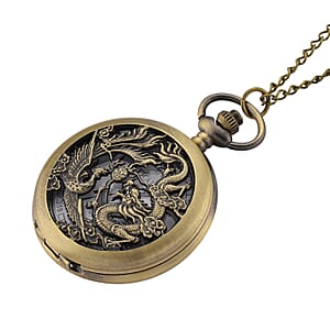 Strada Japanese Movement Dragon and Phoenix Pattern Pocket Watch with Chain (36 Inches) in Rosetone