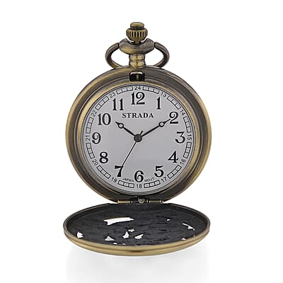 Strada Japanese Movement Dragon and Phoenix Pattern Pocket Watch with Chain (36 Inches) in Rosetone