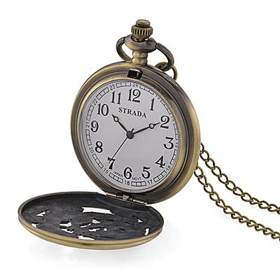 Strada Japanese Movement Dragon and Phoenix Pattern Pocket Watch with Chain (36 Inches) in Rosetone