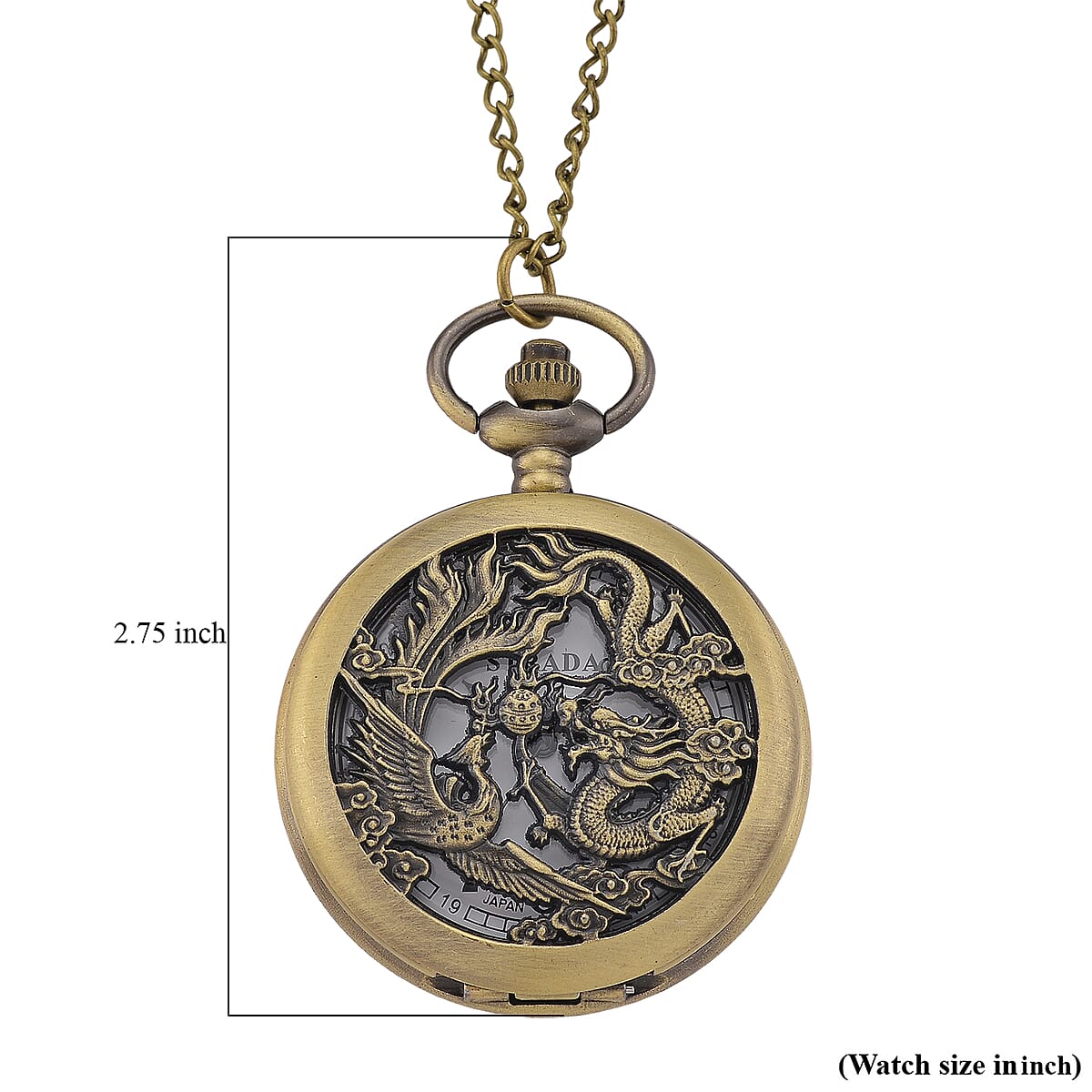 Strada Japanese Movement Dragon and Phoenix Pattern Pocket Watch with Chain (36 Inches) in Rosetone image number 7