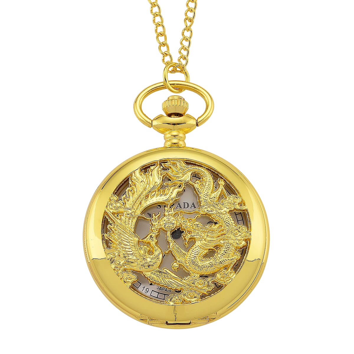 Strada Japanese Movement Dragon and Phoenix Pattern Pocket Watch with Chain (36 Inches) in Goldtone image number 0