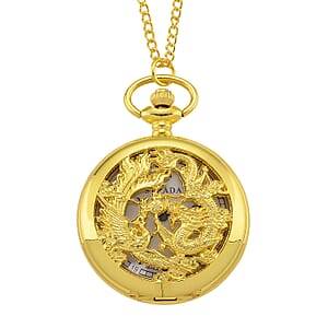 Strada Japanese Movement Dragon and Phoenix Pattern Pocket Watch with Chain (36 Inches) in Goldtone