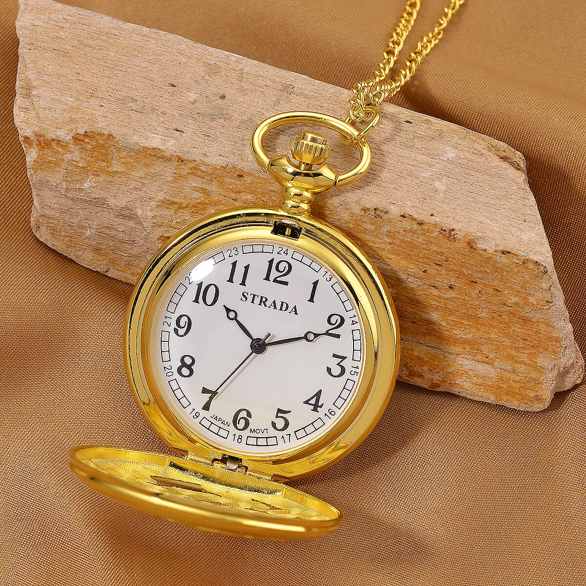 Strada Japanese Movement Dragon and Phoenix Pattern Pocket Watch with Chain (36 Inches) in Goldtone image number 1