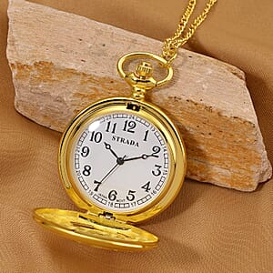 Strada Japanese Movement Dragon and Phoenix Pattern Pocket Watch with Chain (36 Inches) in Goldtone