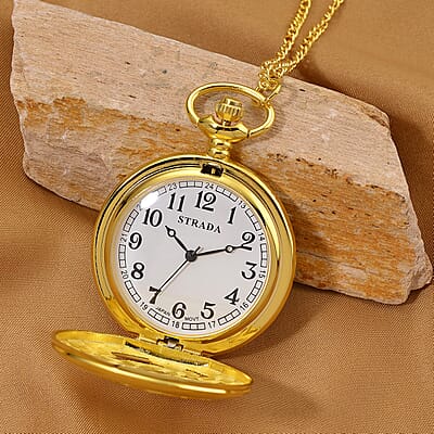 Strada Japanese Movement Dragon and Phoenix Pattern Pocket Watch with Chain (36 Inches) in Goldtone