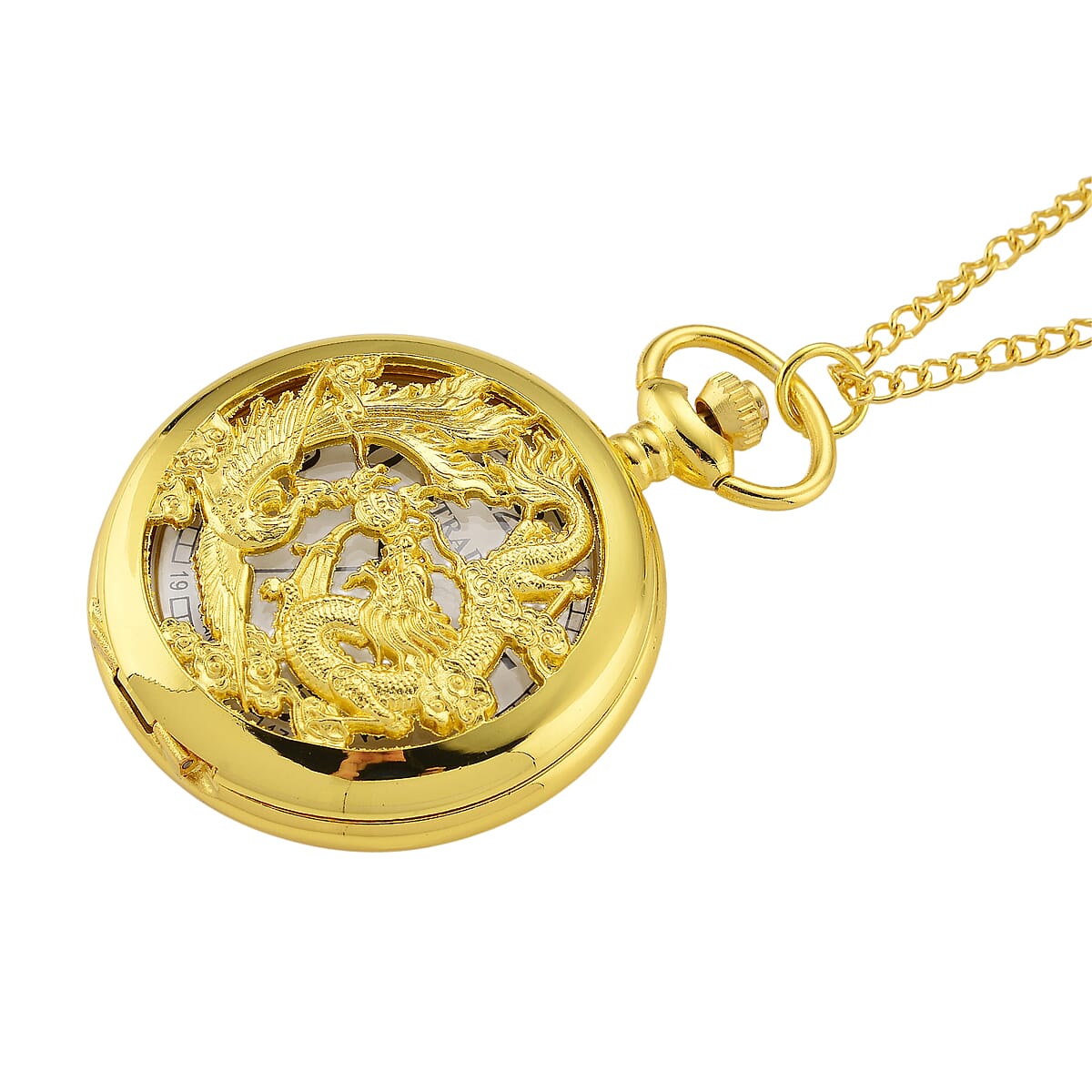Strada Japanese Movement Dragon and Phoenix Pattern Pocket Watch with Chain (36 Inches) in Goldtone image number 2