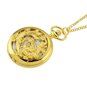Strada Japanese Movement Dragon and Phoenix Pattern Pocket Watch with Chain (36 Inches) in Goldtone