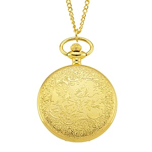 Strada Japanese Movement Dragon and Phoenix Pattern Pocket Watch with Chain (36 Inches) in Goldtone