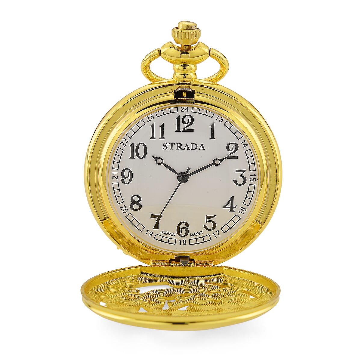 Strada Japanese Movement Dragon and Phoenix Pattern Pocket Watch with Chain (36 Inches) in Goldtone image number 4