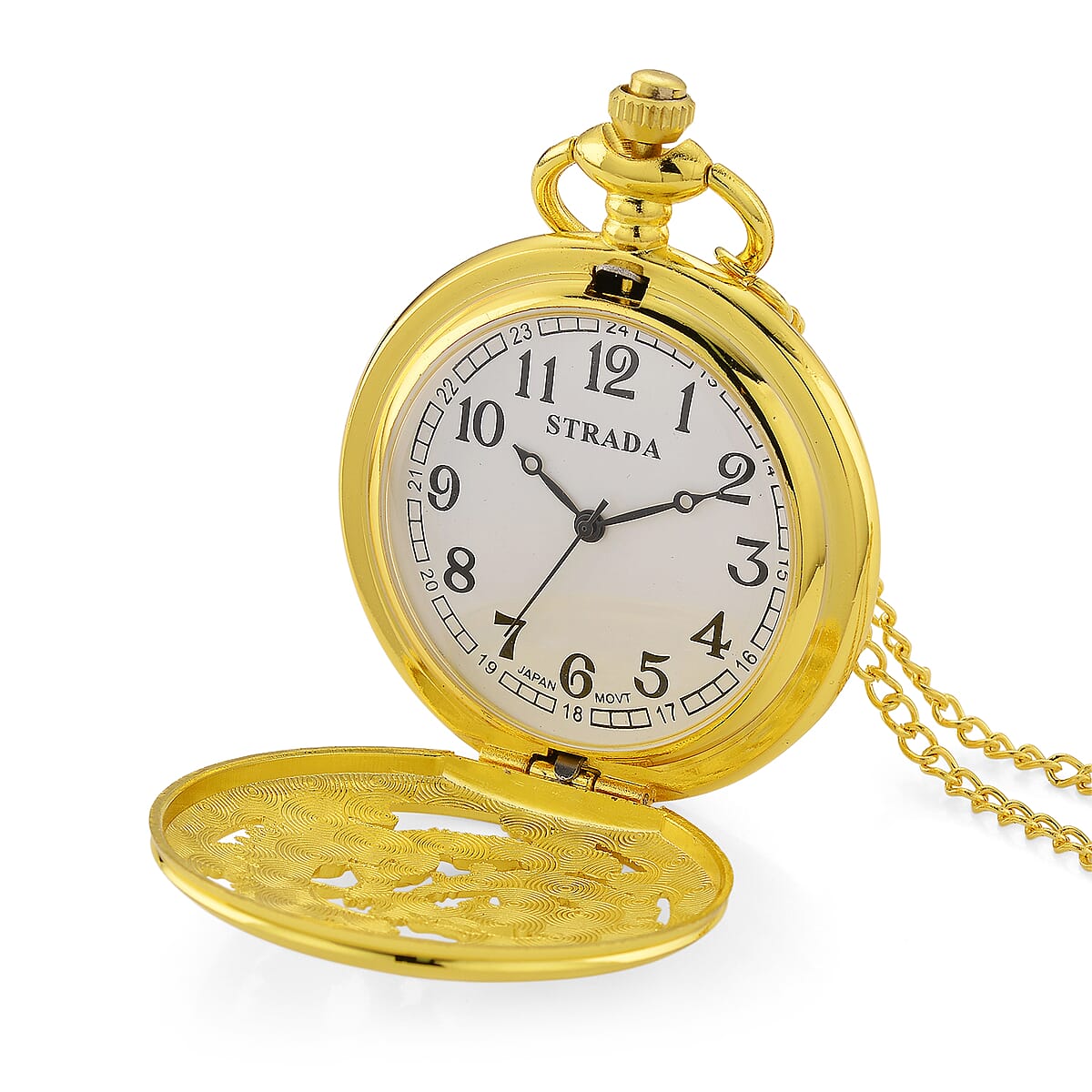 Strada Japanese Movement Dragon and Phoenix Pattern Pocket Watch with Chain (36 Inches) in Goldtone image number 5