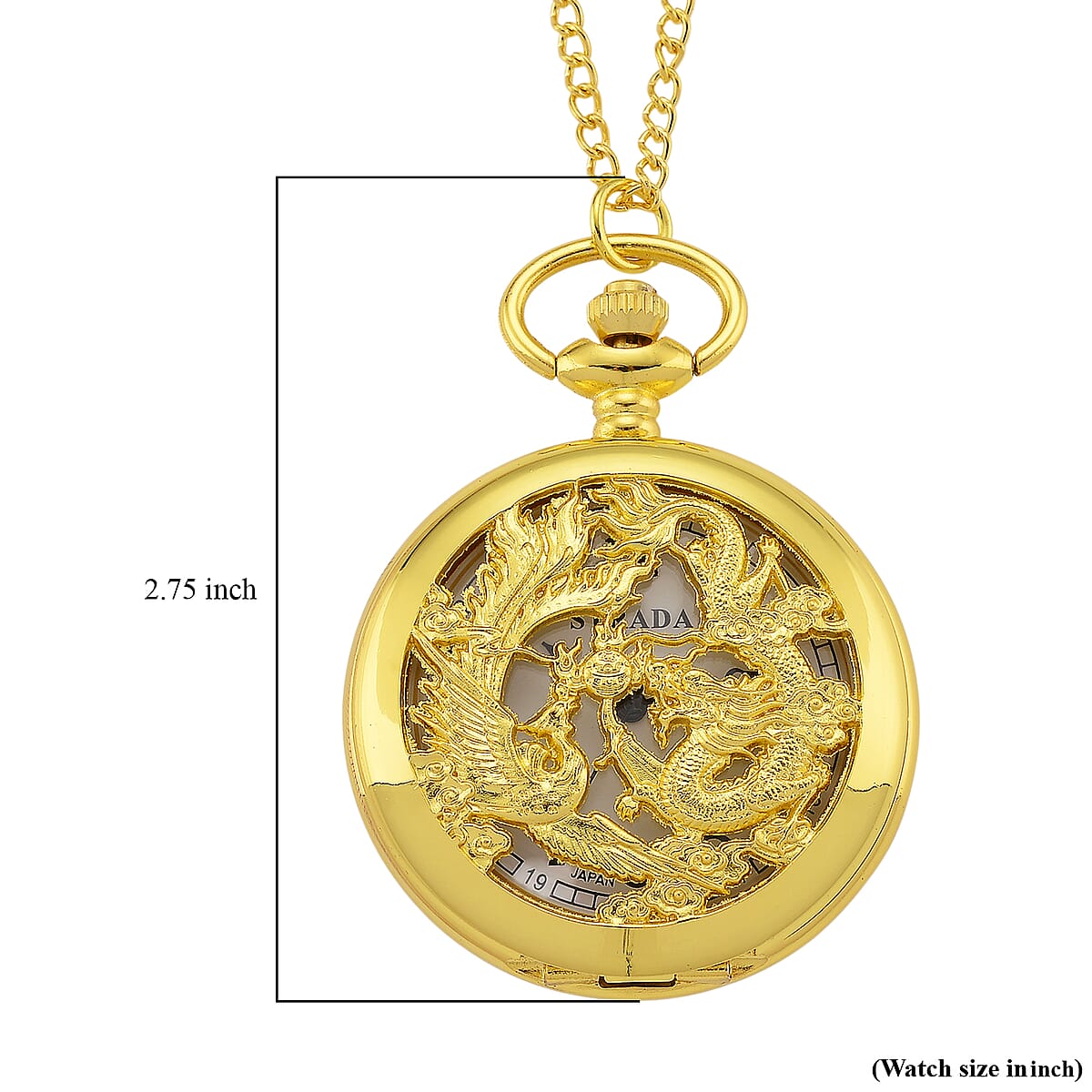 Strada Japanese Movement Dragon and Phoenix Pattern Pocket Watch with Chain (36 Inches) in Goldtone image number 7