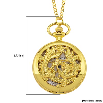 Strada Japanese Movement Dragon and Phoenix Pattern Pocket Watch with Chain (36 Inches) in Goldtone